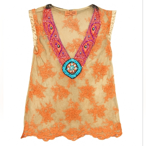 Free People Tops - Free People Vintage Orange Lace Blouse with Multicolor Embellishments